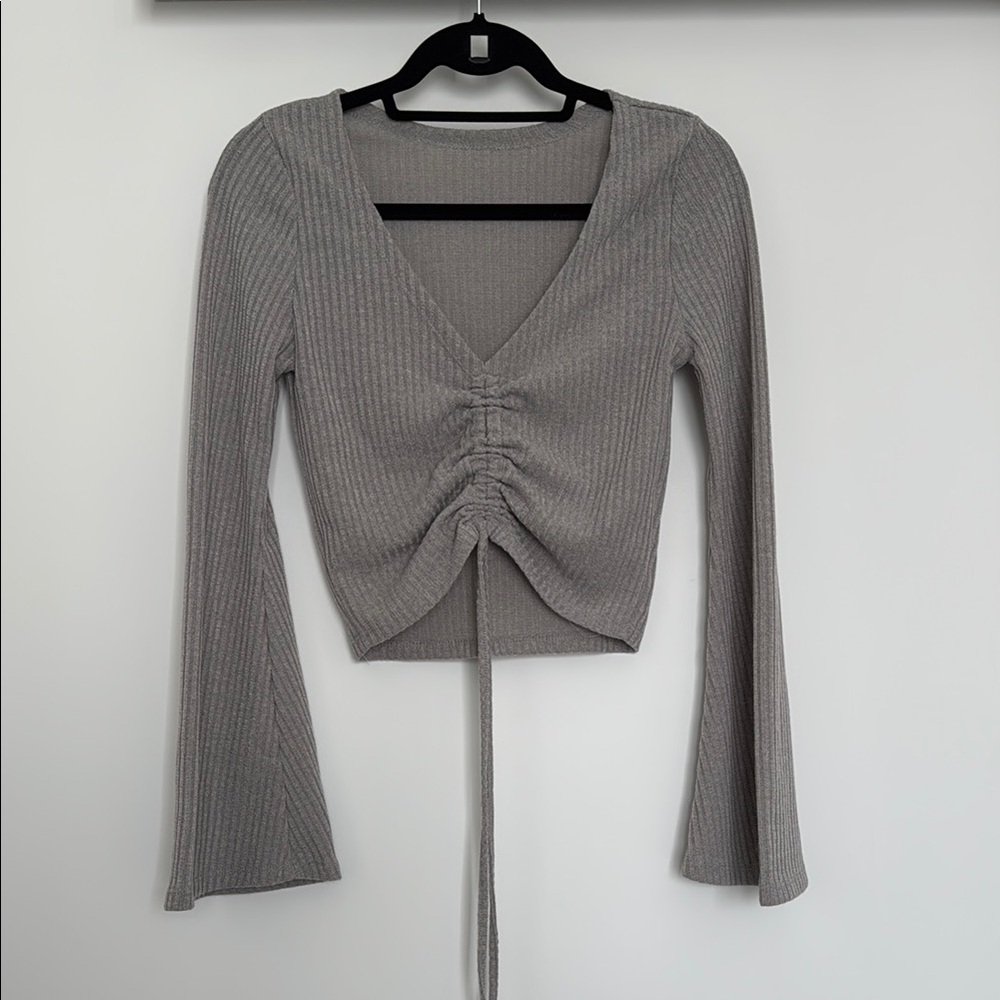 Trendy Gray V-Neck Ruched Blouse